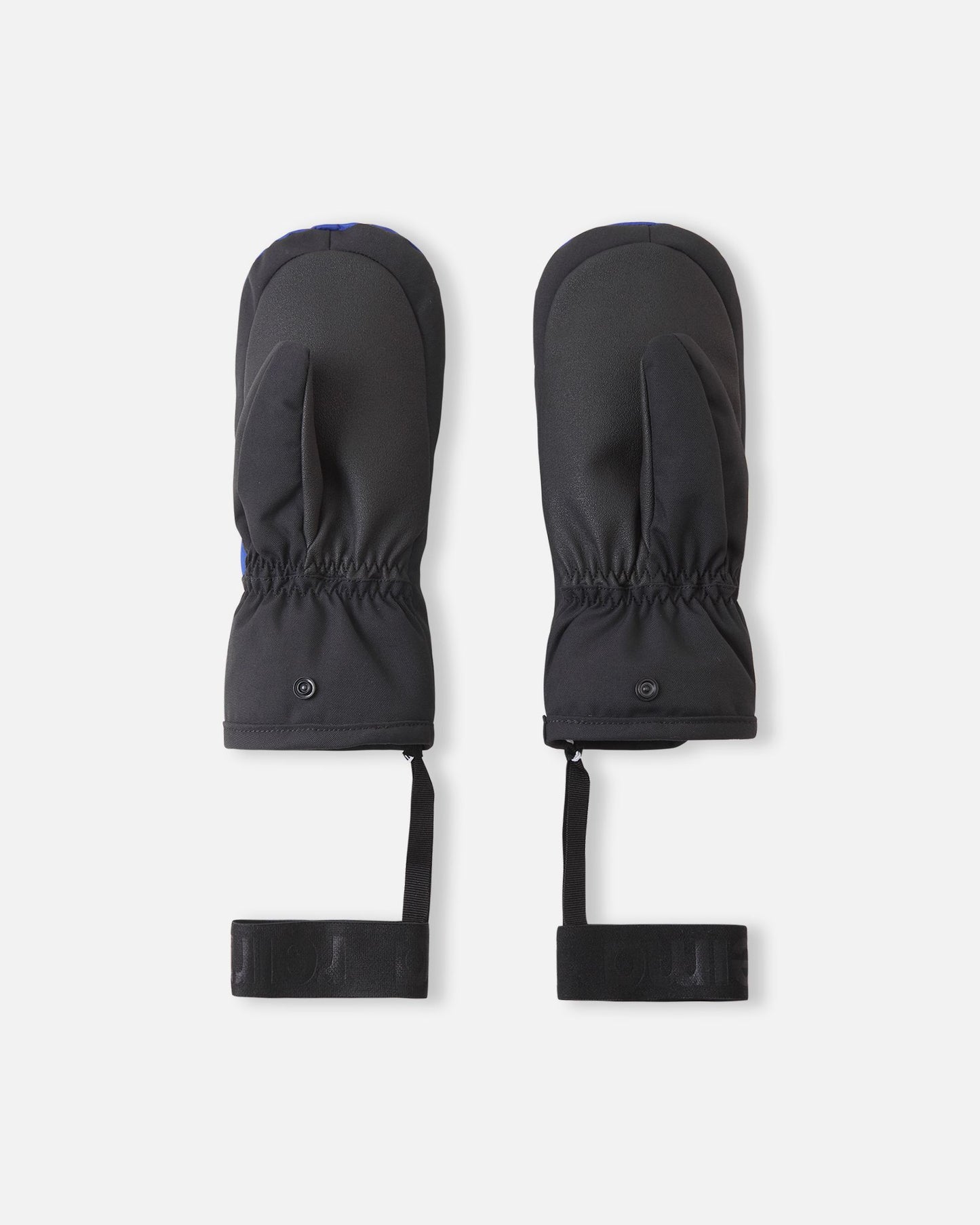 Flat lay view of the palms of the twilight blue Reima Lapases kids' ski mittens, displaying the durable black reinforced grip across the palms and thumbs engineered for winter sports traction.