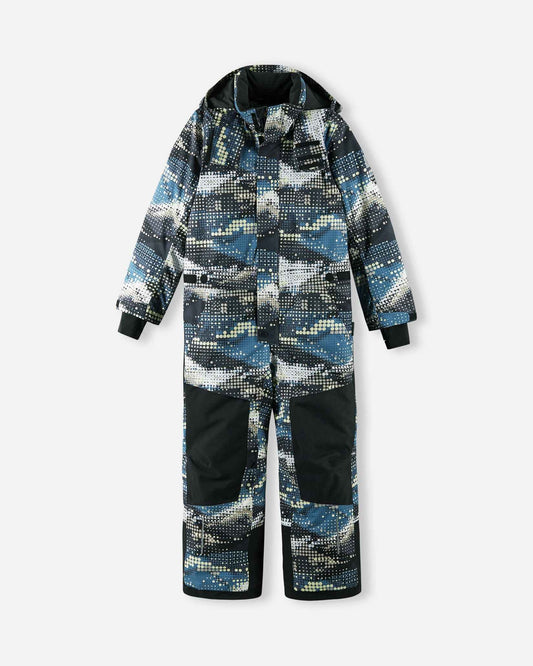 Full front view of the Reima Lappea kids' winter ski suit in a soft black, blue, and cream geometric pattern, featuring a protective winter hood, snug inner lycra cuffs, and heavy-duty solid black reinforced knee panels for maximum durability during snow sports.