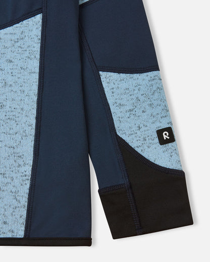 Detailed close-up of the reinforced navy sleeve cuff on the frozen blue Reima Laskien kids' fleece jacket, showing high-quality stitching and the branded Reima logo tab.
