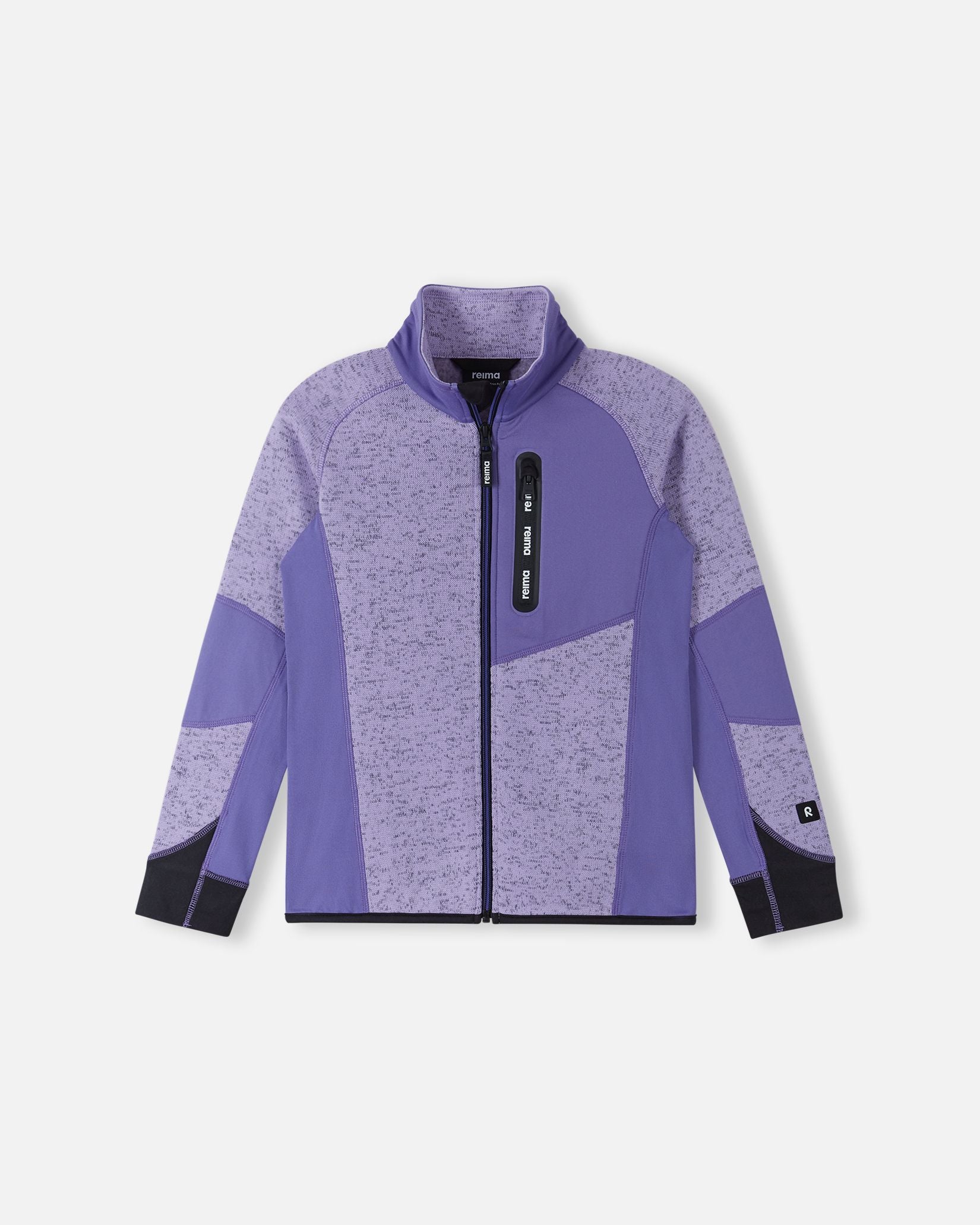 Front view of the Reima Laskien kids' fleece mid-layer jacket in blooming lilac, featuring a full-length zipper, zippered chest pocket, and durable contrast panels for active play.