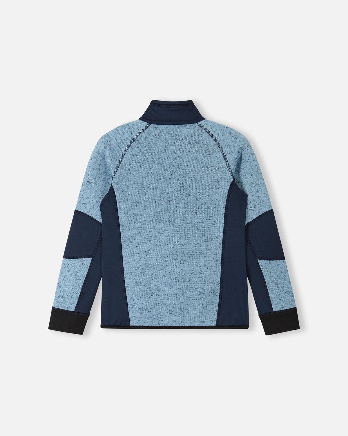 Back view of the frozen blue and navy Reima Laskien kids' fleece mid-layer jacket, showcasing the breathable, moisture-wicking knit texture and comfortable active fit.