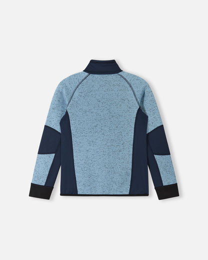 Back view of the frozen blue and navy Reima Laskien kids' fleece mid-layer jacket, showcasing the breathable, moisture-wicking knit texture and comfortable active fit.