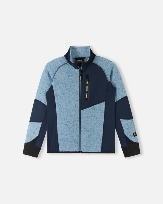 Front view of the Reima Laskien kids' fleece mid-layer jacket in frozen blue and navy, featuring a full-length zipper, zippered chest pocket, and durable reinforcement panels for active outdoor play.