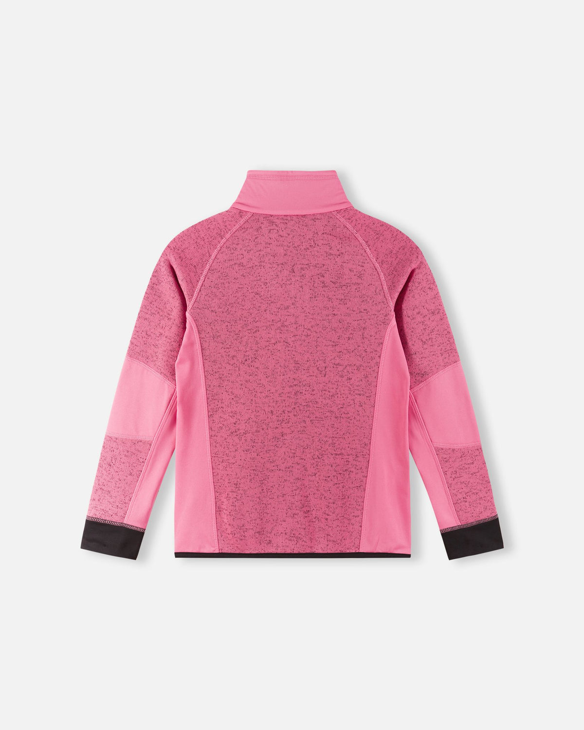 Back view of the Reima Laskien kids' soft coral and black fleece mid-layer jacket, showcasing the breathable, moisture-wicking knit texture and comfortable active fit.