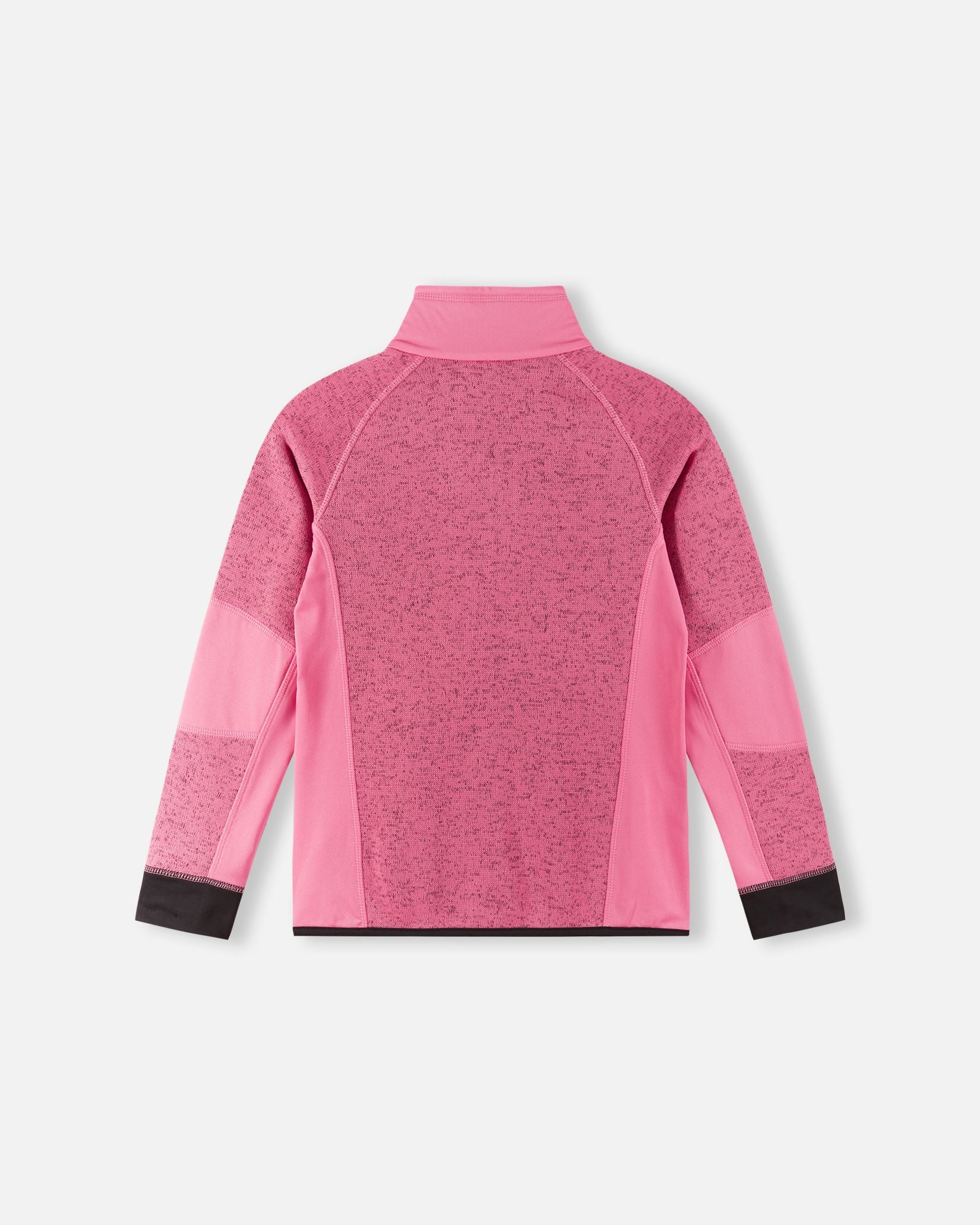 Back view of the Reima Laskien kids' soft coral and black fleece mid-layer jacket, showcasing the breathable, moisture-wicking knit texture and comfortable active fit.