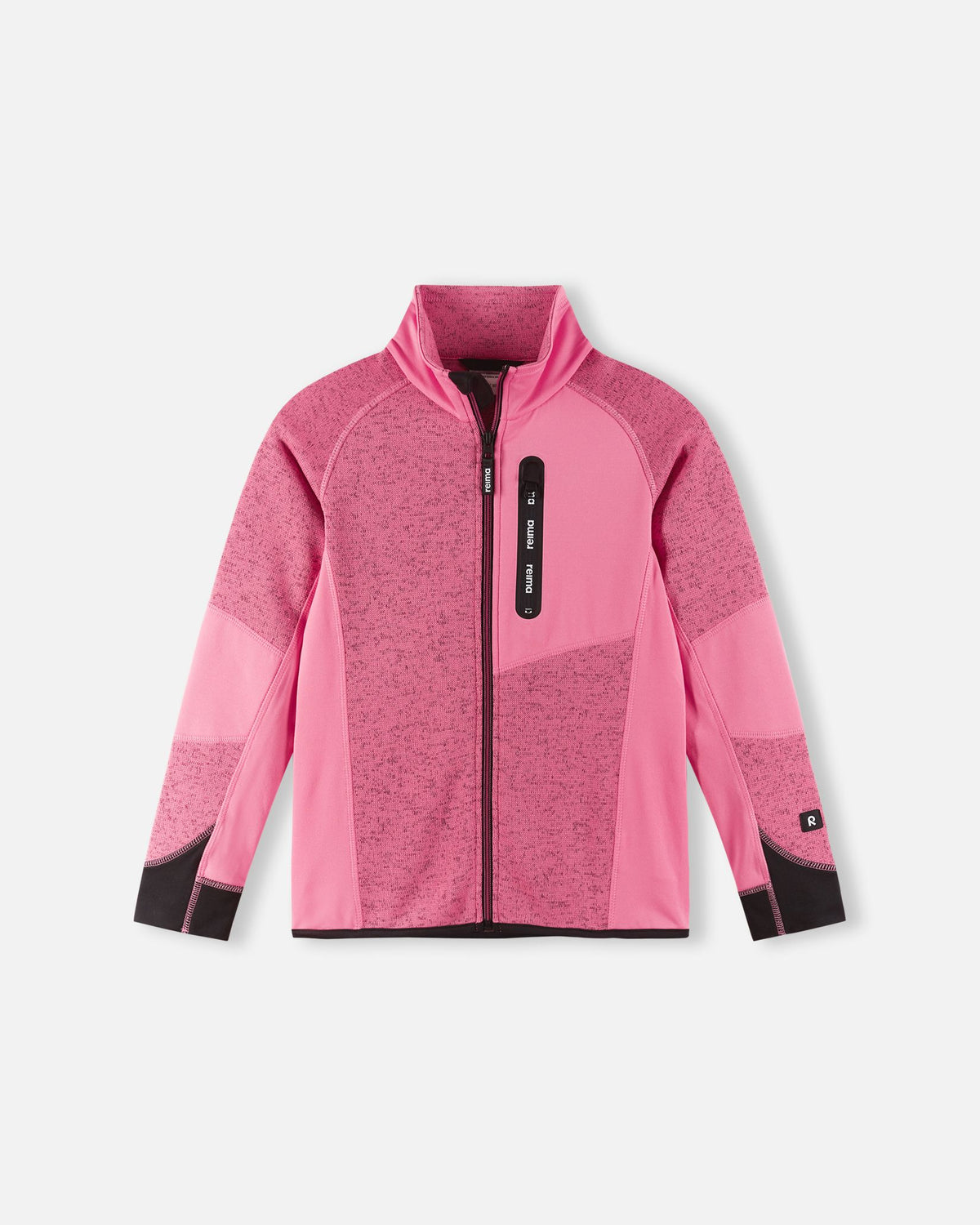Front view of the Reima Laskien kids' fleece mid-layer jacket in soft coral and black, featuring a full-length zipper, zippered chest pocket, and durable reinforcement panels for active outdoor play.