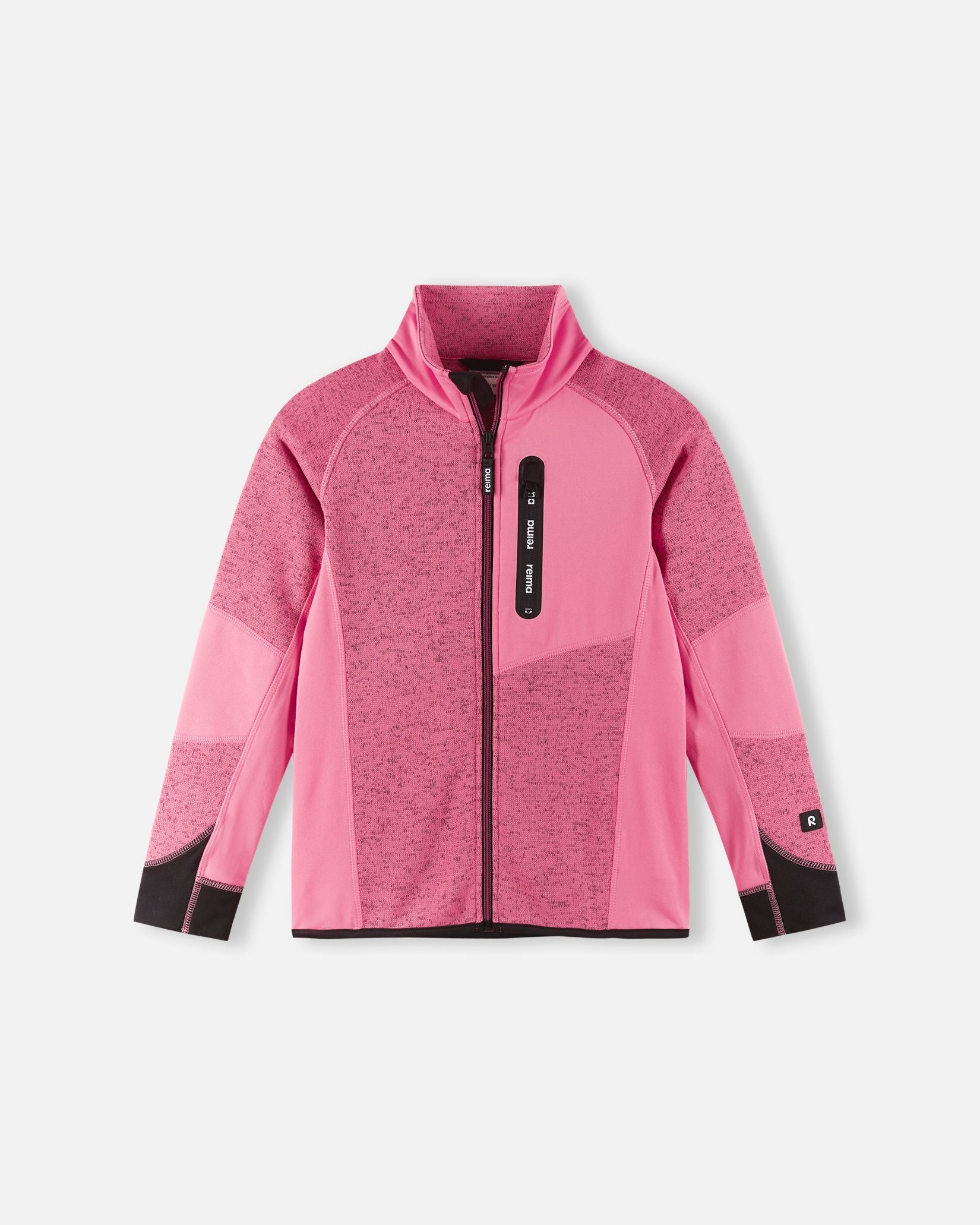 Front view of the Reima Laskien kids' fleece mid-layer jacket in soft coral and black, featuring a full-length zipper, zippered chest pocket, and durable reinforcement panels for active outdoor play.