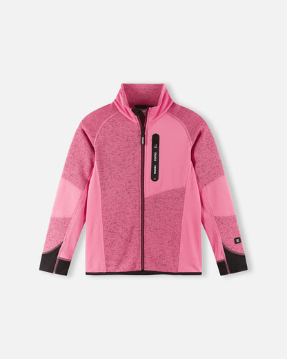 Front view of the Reima Laskien kids' fleece mid-layer jacket in soft coral and black, featuring a full-length zipper, zippered chest pocket, and durable reinforcement panels for active outdoor play.
