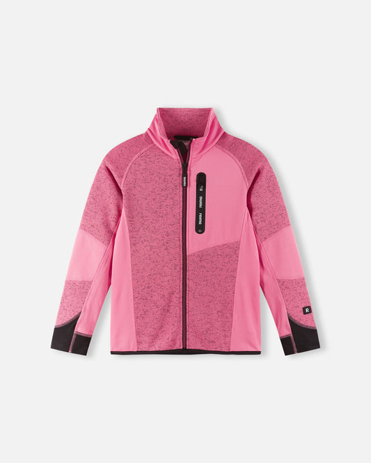 Front view of the Reima Laskien kids' fleece mid-layer jacket in soft coral and black, featuring a full-length zipper, zippered chest pocket, and durable reinforcement panels for active outdoor play.