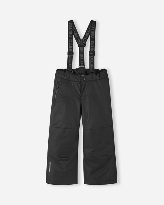 Front flat lay view of the black Reima Liikun kids' winter snow pants, featuring adjustable Reima-branded black suspenders, a zippered fly, and durable waterproof construction designed for alpine skiing and outdoor play.