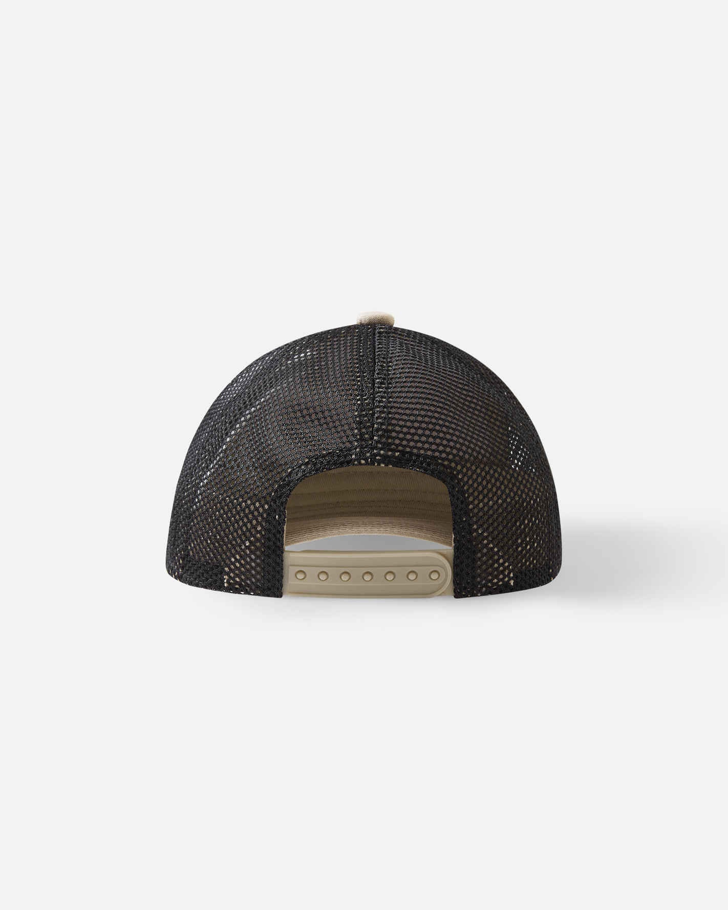 Back view of the earthy beige Reima Liplatus kids' trucker cap, highlighting the cooling black mesh ventilation panels and the adjustable beige snapback closure for a custom fit.