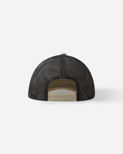 Back view of the earthy beige Reima Liplatus kids' trucker cap, highlighting the cooling black mesh ventilation panels and the adjustable beige snapback closure for a custom fit.