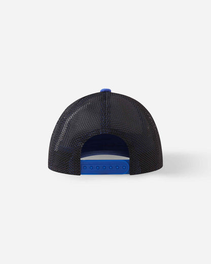 Back view of the sparkly blue Reima Liplatus kids' summer mesh hat, featuring cooling black mesh panels and a secure, easily adjustable blue snapback closure designed to grow with your child.