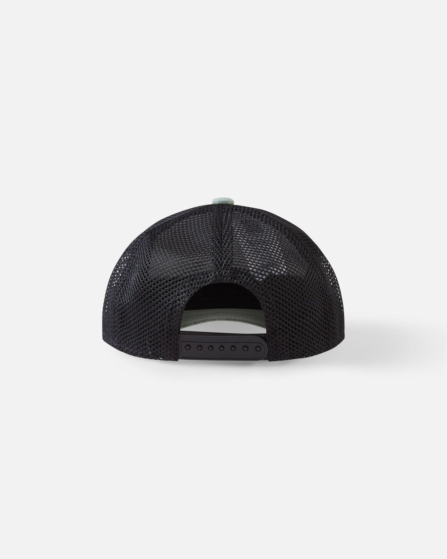 Back view of the stone green Reima Liplatus kids' summer trucker cap, detailing the black mesh back for superior airflow and the adjustable stone green snapback strap.