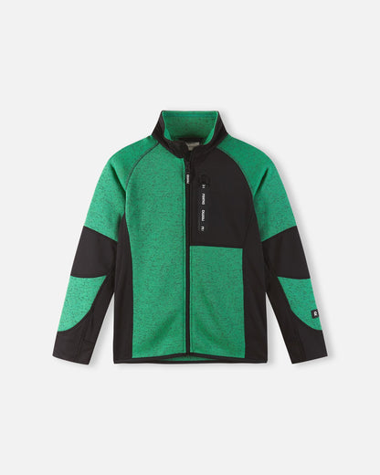 Front view of the green Reima Liukuen kids' fleece jacket featuring a full front zip, breathable knit material, and reinforced black panels for outdoor play.