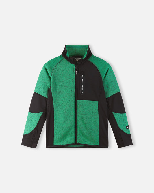 Front view of the green Reima Liukuen kids' fleece jacket featuring a full front zip, breathable knit material, and reinforced black panels for outdoor play.