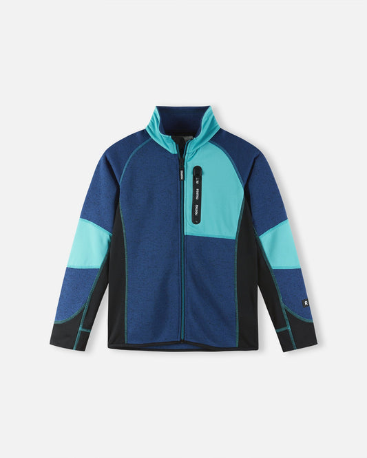 Front view of the twilight blue Reima Liukuen kids' fleece jacket, highlighting the full front zipper, bright cyan blue accents, and reinforced black side panels.
