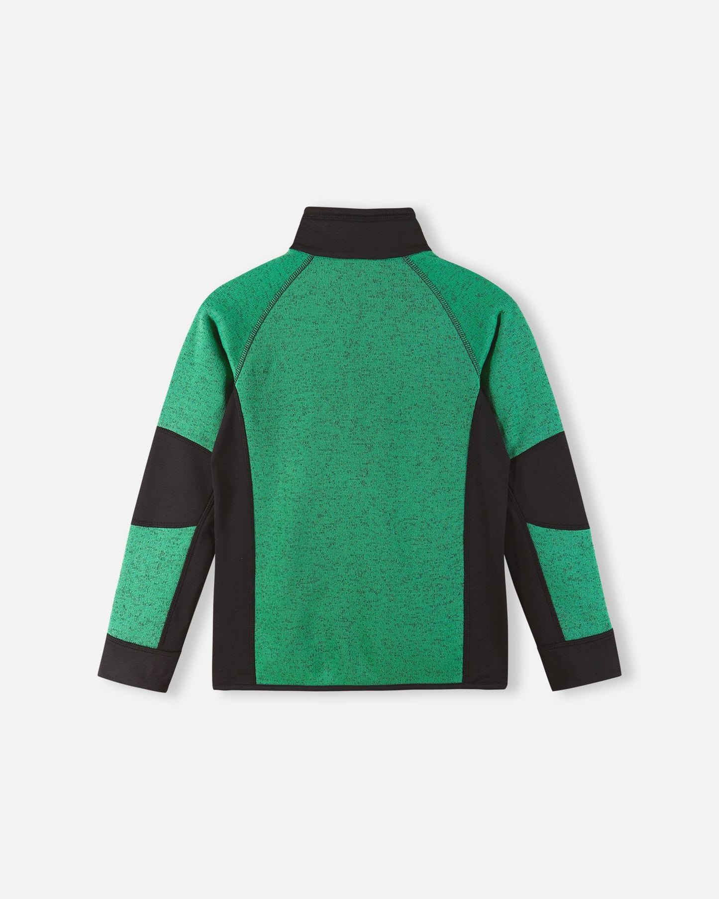 Back view of the Reima Liukuen kids' green and black fleece midlayer jacket, showing the ergonomic raglan sleeves and breathable moisture-wicking knit texture.