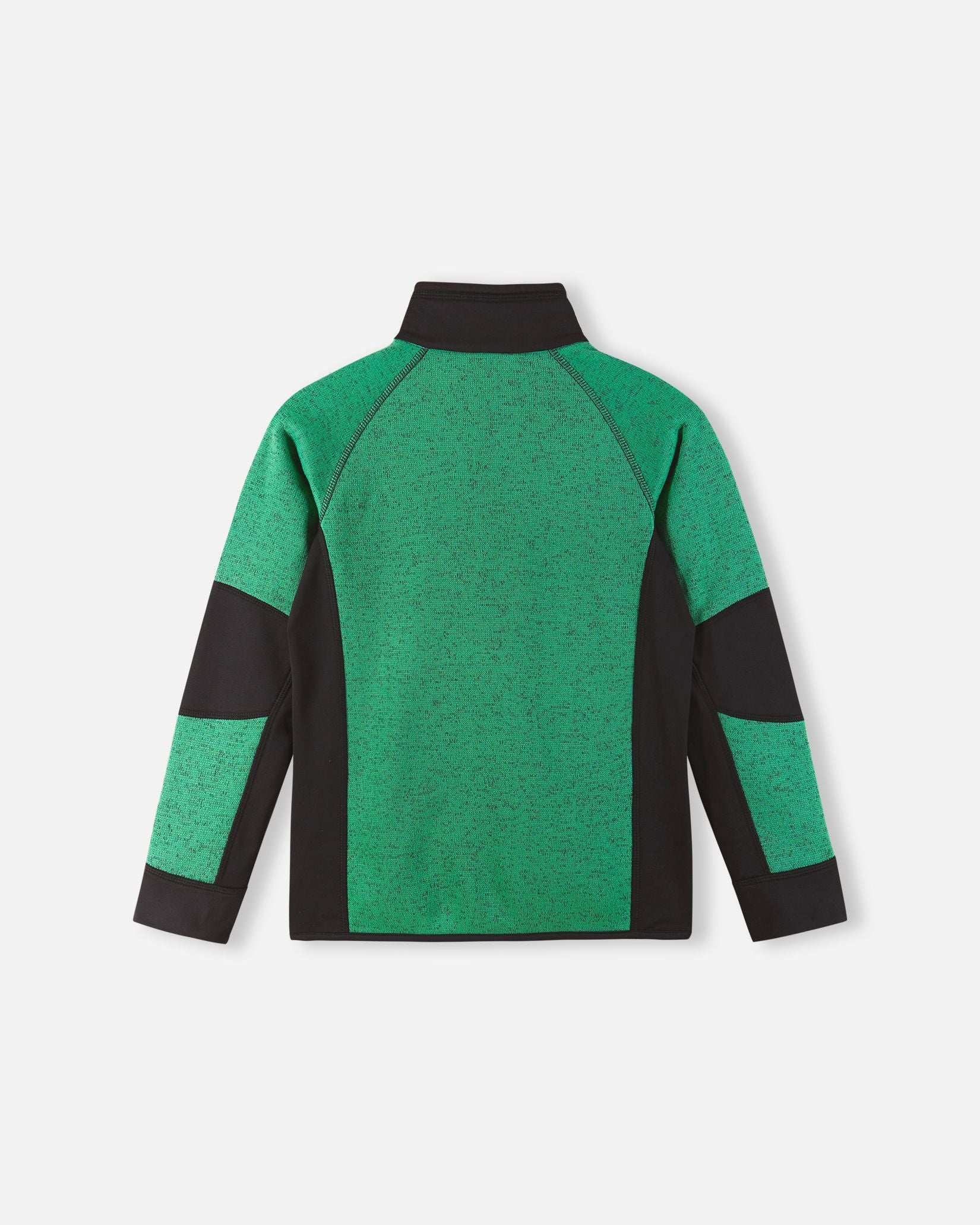 Back view of the Reima Liukuen kids' green and black fleece midlayer jacket, showing the ergonomic raglan sleeves and breathable moisture-wicking knit texture.