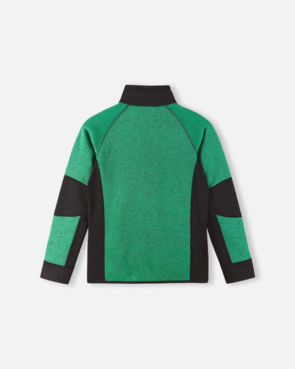 Back view of the Reima Liukuen kids' green and black fleece midlayer jacket, showing the ergonomic raglan sleeves and breathable moisture-wicking knit texture.