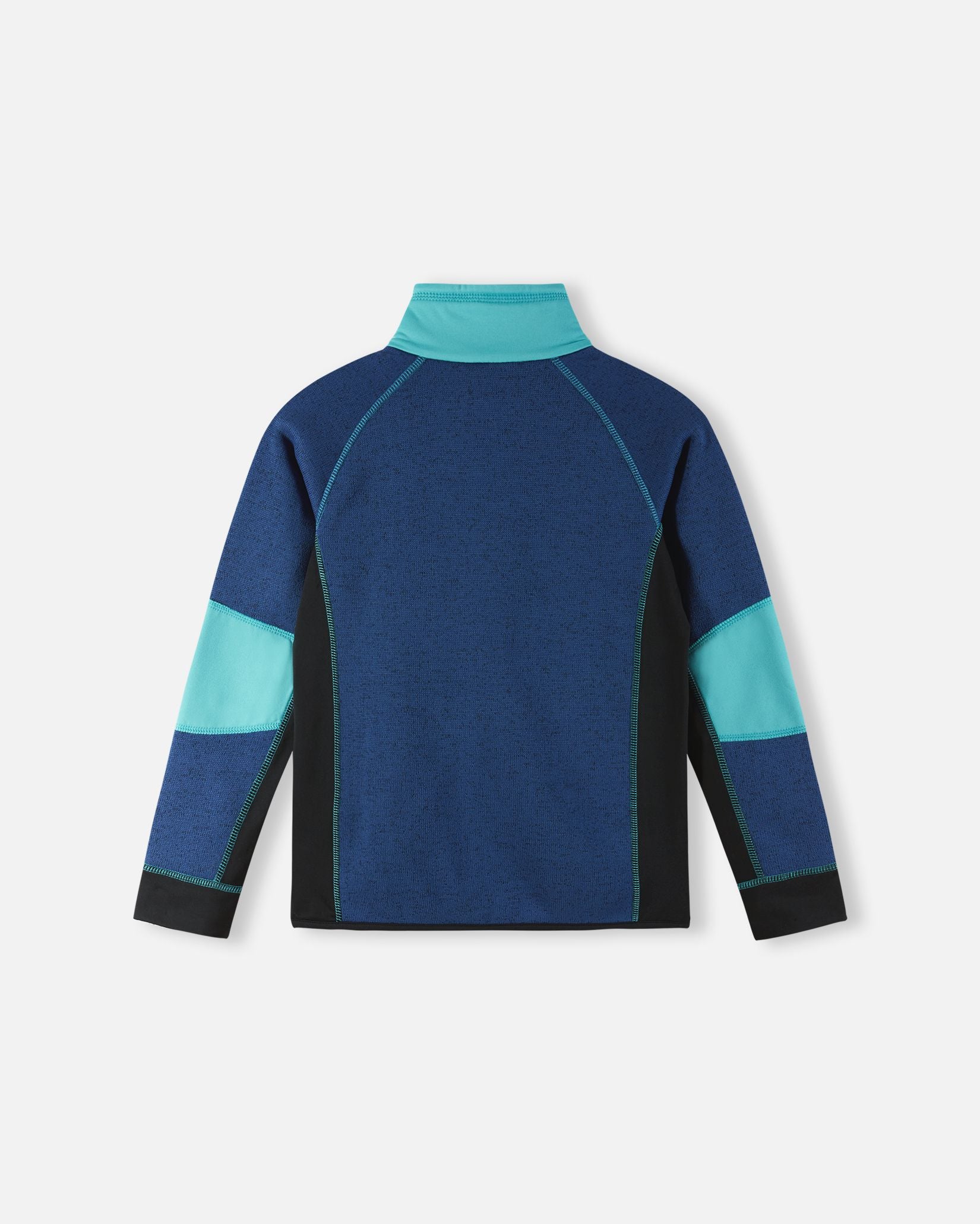 Back view of the Reima Liukuen kids' twilight blue fleece jacket, showing the active fit, cyan color block details, and durable raglan sleeve design.