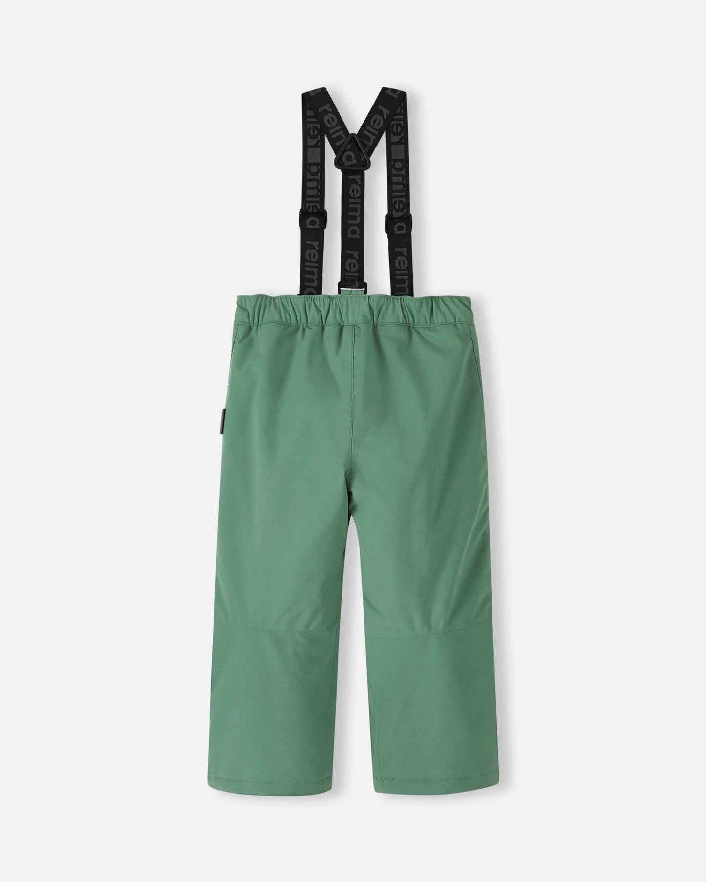 Back flat lay view of the green clay Reima Loikin kids' winter snow pants, showcasing the clean lines, elastic waistband, and durable reinforced lower legs built to withstand heavy wear and tear on the mountain.