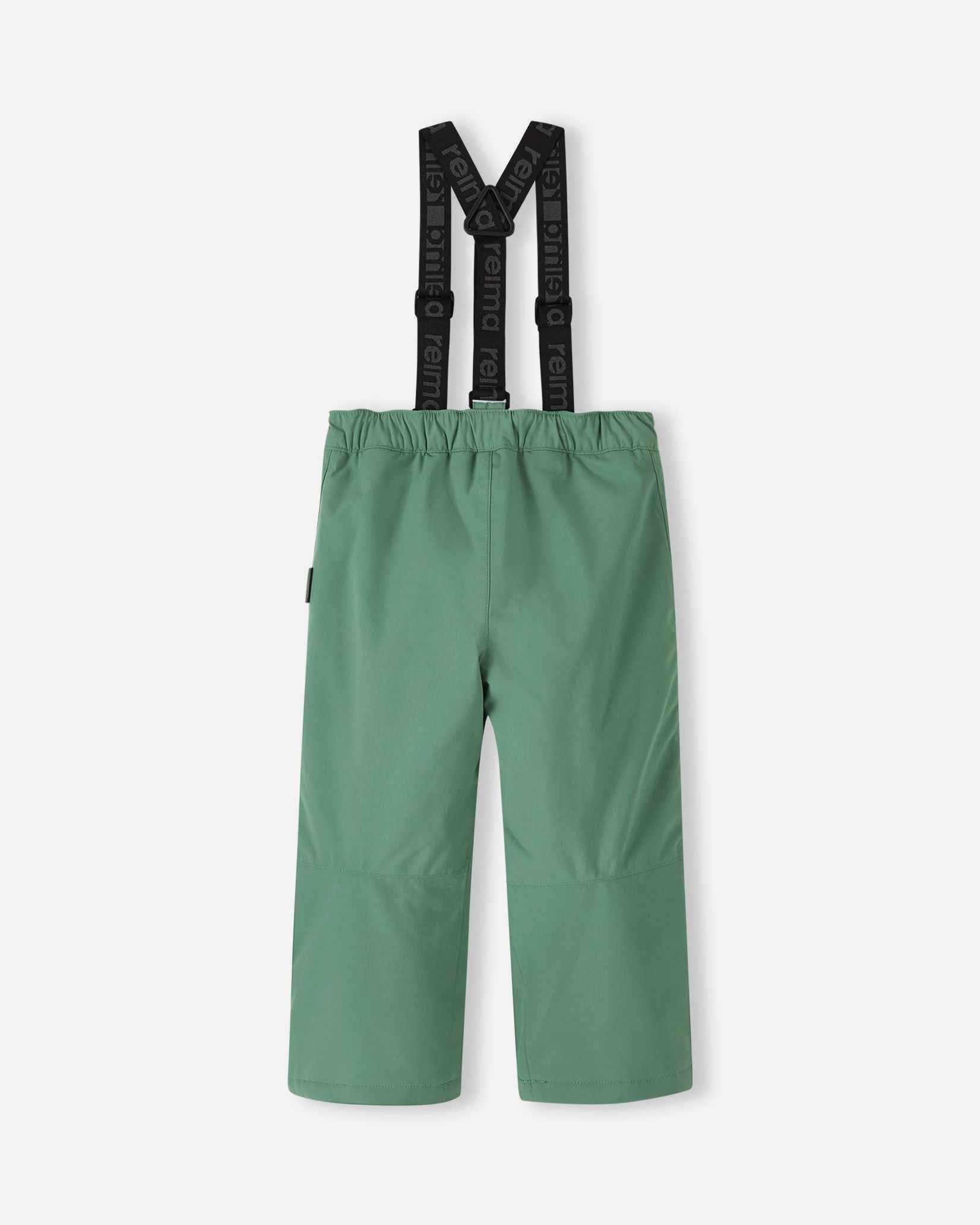 Back flat lay view of the green clay Reima Loikin kids' winter snow pants, showcasing the clean lines, elastic waistband, and durable reinforced lower legs built to withstand heavy wear and tear on the mountain.
