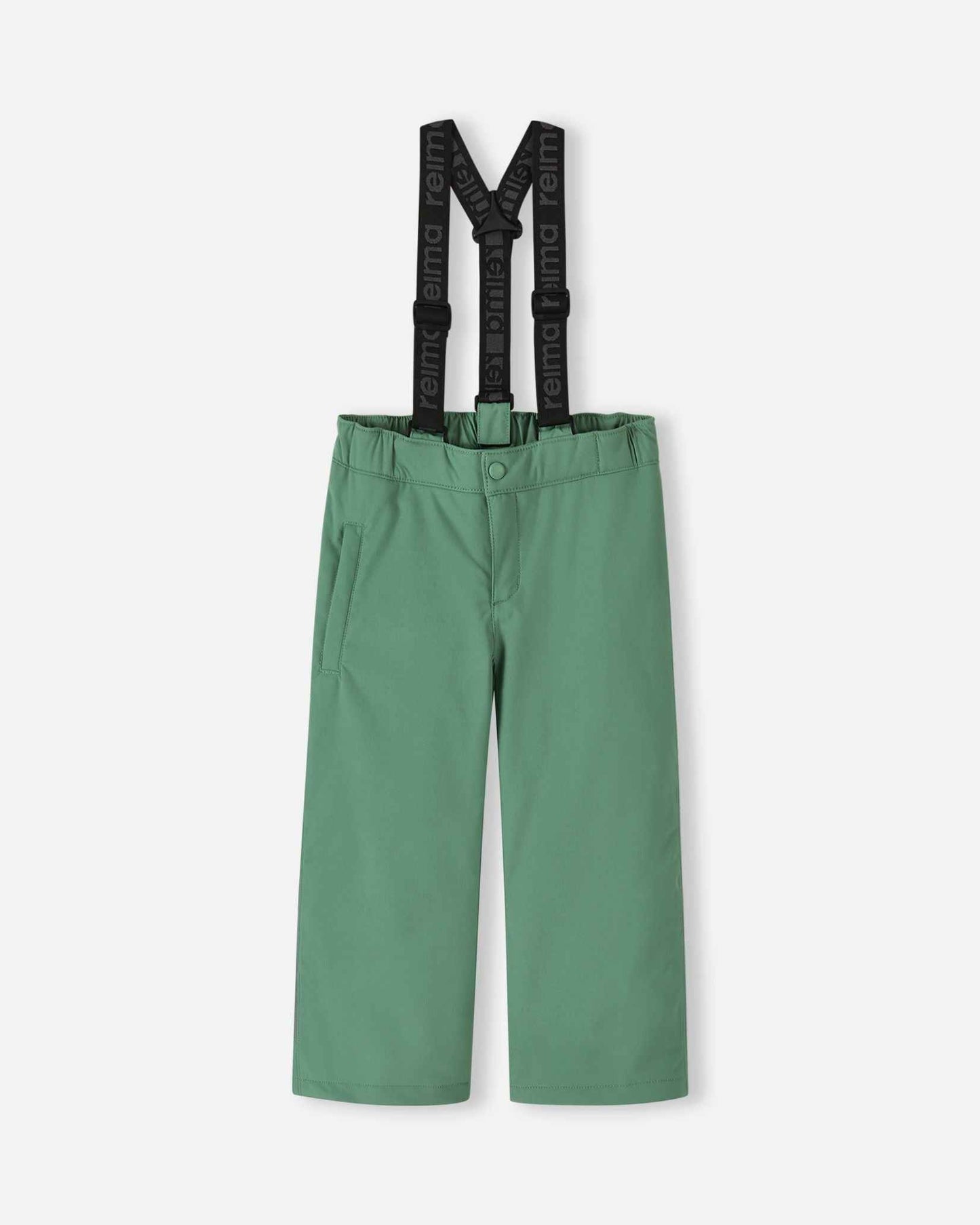 Front flat lay view of the green clay Reima Loikin kids' winter snow pants, featuring adjustable Reima-branded black suspenders, a zippered fly, and durable waterproof construction designed for alpine skiing and outdoor play.