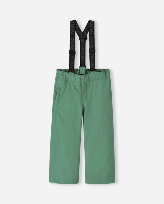 Front flat lay view of the green clay Reima Loikin kids' winter snow pants, featuring adjustable Reima-branded black suspenders, a zippered fly, and durable waterproof construction designed for alpine skiing and outdoor play.