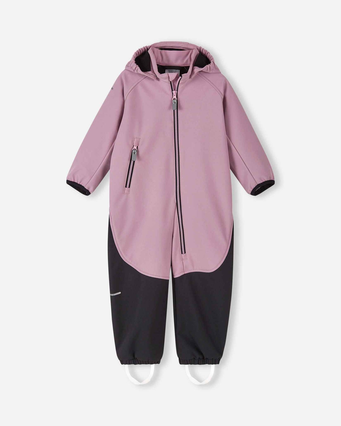 Front view of the Reima Mjosa kids' waterproof softshell coverall in grey pink and black, featuring a full-length zipper, detachable hood, and durable reinforced lower legs for active outdoor play.