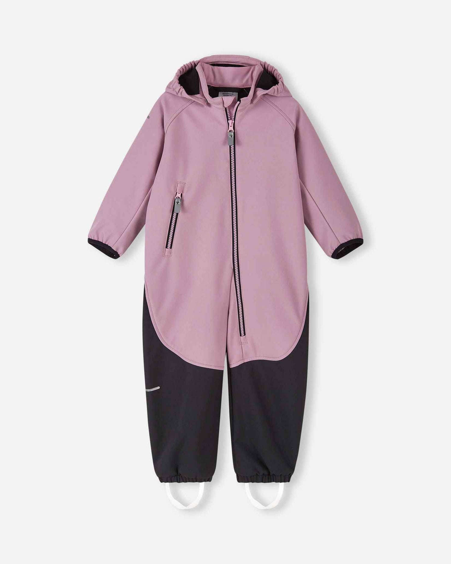 Front view of the Reima Mjosa kids' waterproof softshell coverall in grey pink and black, featuring a full-length zipper, detachable hood, and durable reinforced lower legs for active outdoor play.