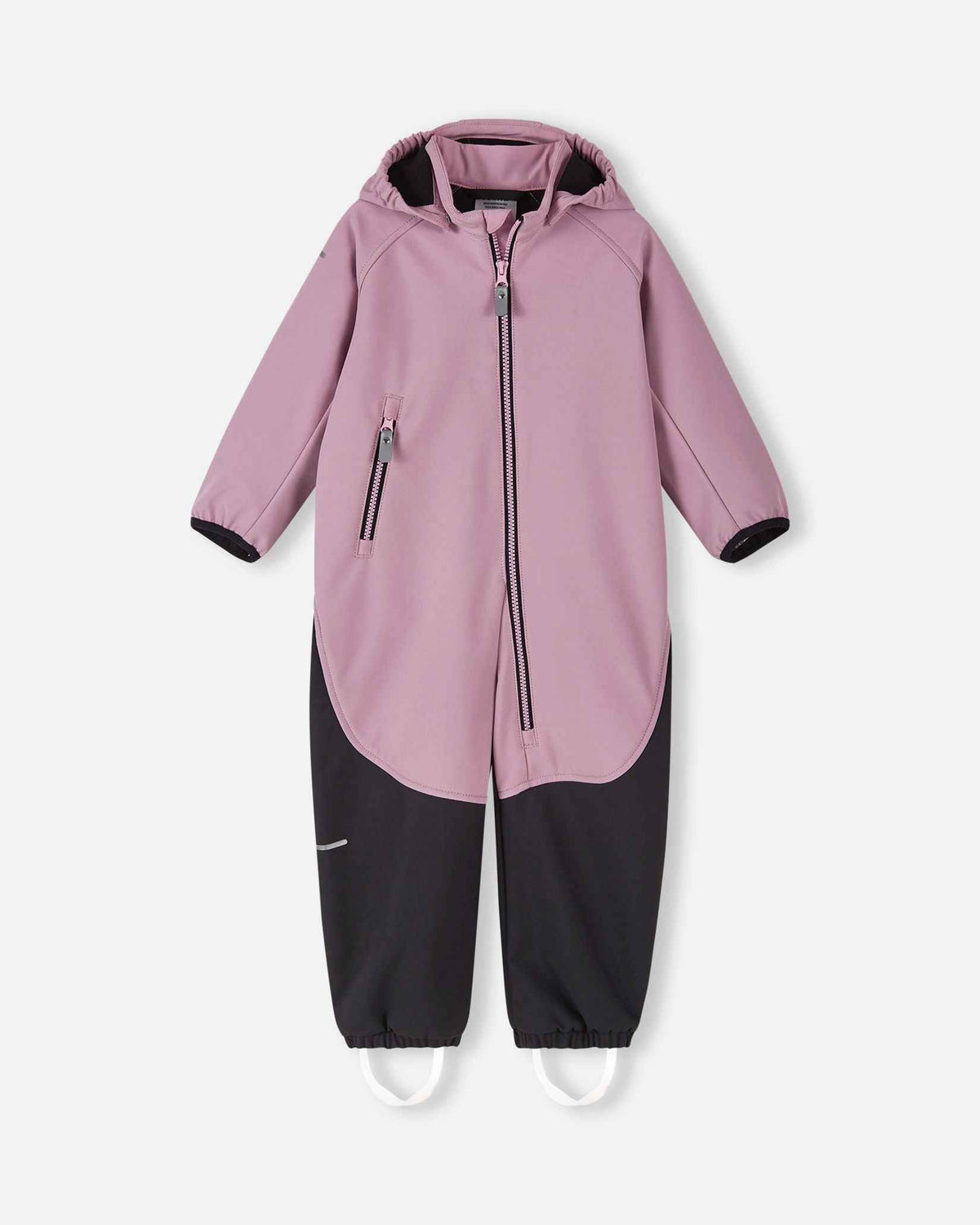 Front view of the Reima Mjosa kids' waterproof softshell coverall in grey pink and black, featuring a full-length zipper, detachable hood, and durable reinforced lower legs for active outdoor play.