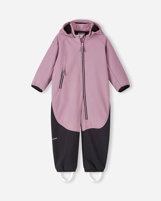 Front view of the Reima Mjosa kids' waterproof softshell coverall in grey pink and black, featuring a full-length zipper, detachable hood, and durable reinforced lower legs for active outdoor play.