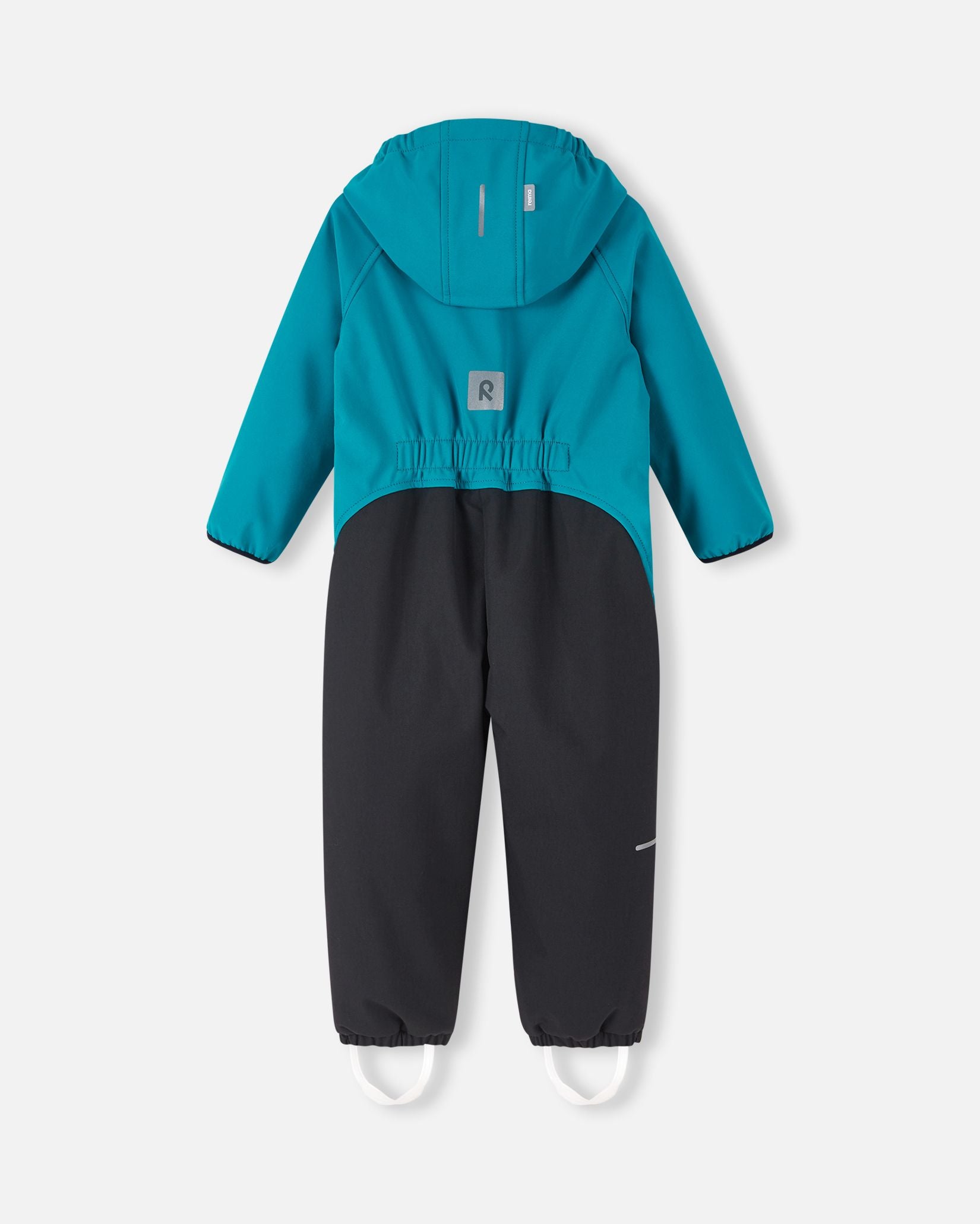 Back view of the aquatic blue Reima Mjosa kids' softshell coverall, highlighting the flexible waist adjustment, reinforced black seat, and a prominent reflective safety emblem.