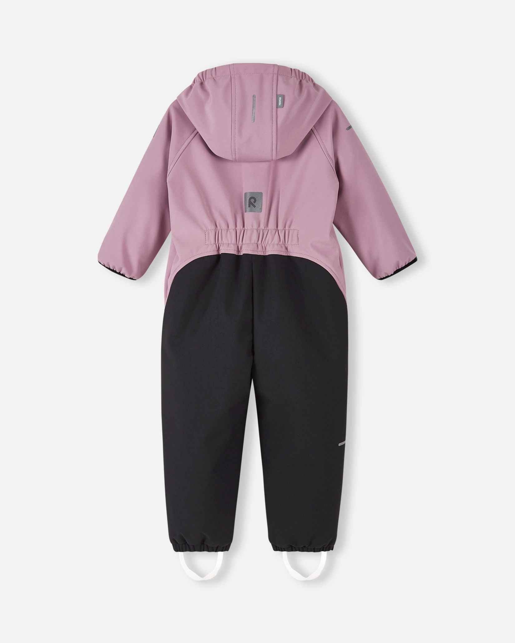 Back view of the grey pink Reima Mjosa kids' softshell overall, showcasing an elastic waist for a comfortable fit, reinforced black seat panels, and a reflective safety patch.