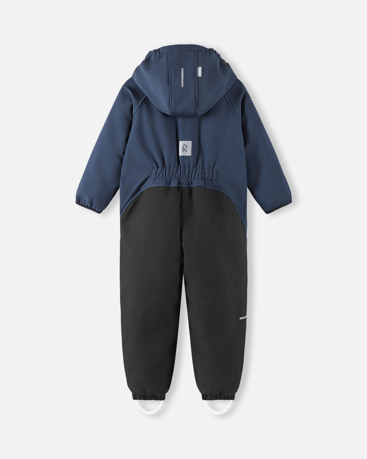 Back view of the navy blue Reima Mjosa kids' softshell overall, highlighting the flexible elastic waist for a comfortable fit, reinforced black seat panels, and a prominent reflective safety patch.