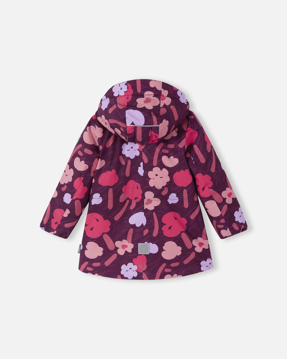 Back view of the Reima Muurame winter jacket for girls in deep purple with the faux fur hood resting down, displaying a safety reflector strip positioned on the back of the hood.