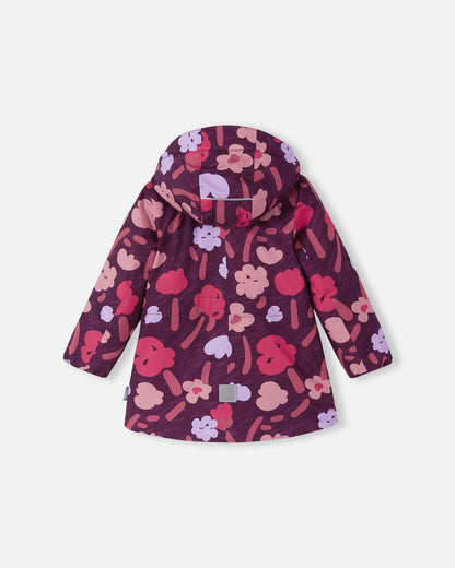 Back view of the Reima Muurame winter jacket for girls in deep purple with the faux fur hood resting down, displaying a safety reflector strip positioned on the back of the hood.