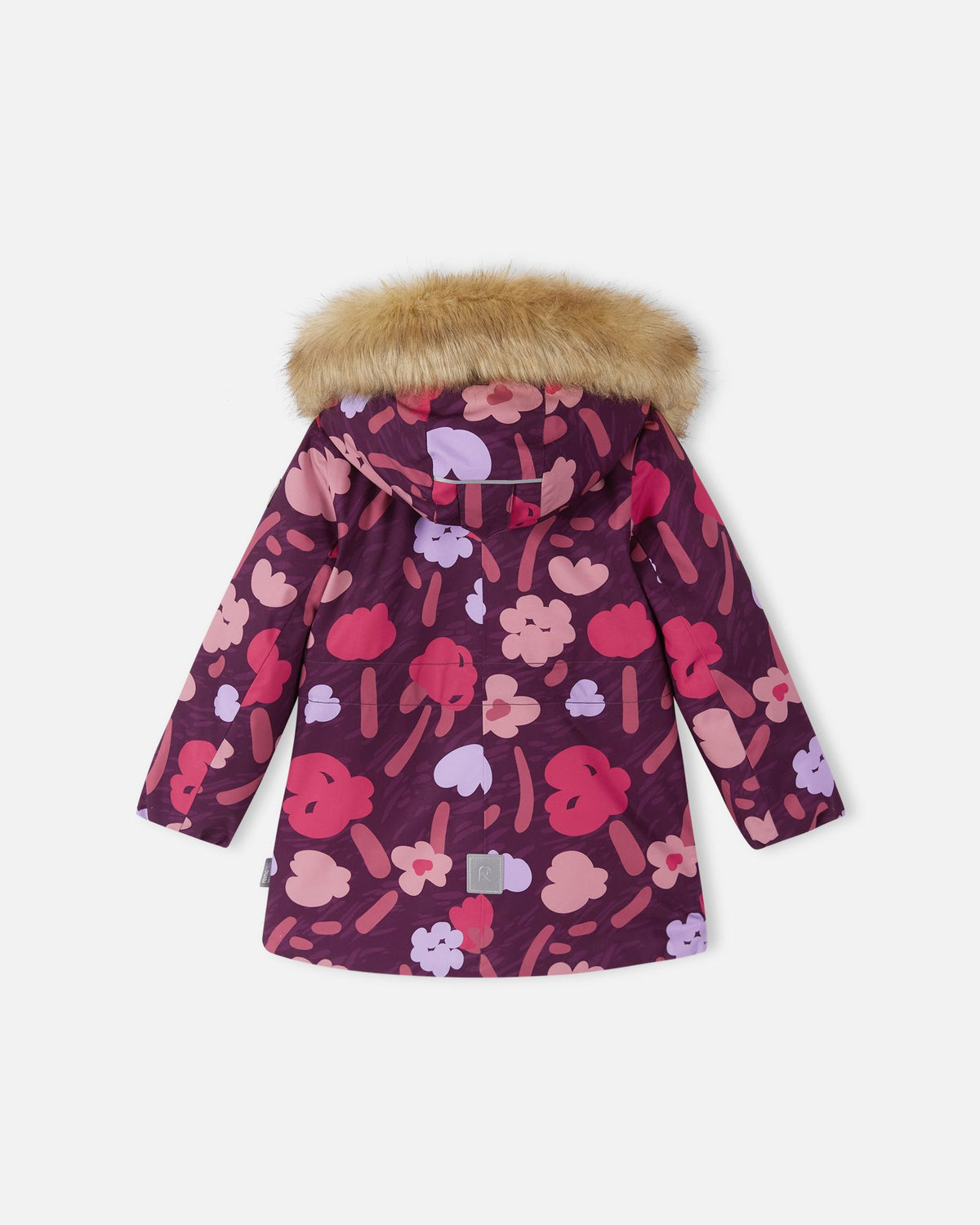 Back view of the deep purple Reima Muurame girls' winter jacket, showcasing the bright floral pattern, attached faux fur hood, and a reflective safety patch near the bottom hem.