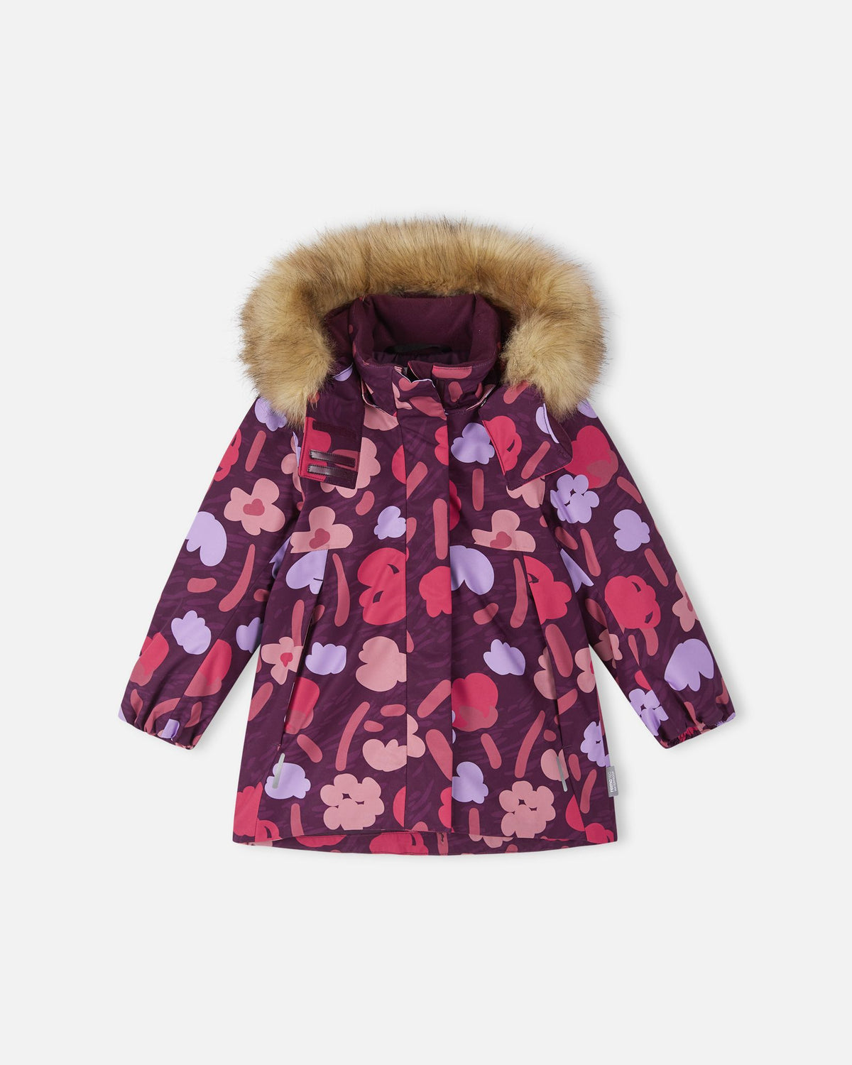 Front view of the Reima Muurame girls' winter jacket in a deep purple and pink abstract floral print, featuring a faux fur trimmed hood, side pockets, and a protective front wind flap.
