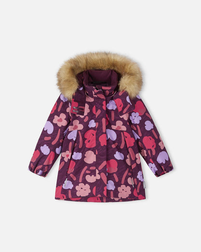 Front view of the Reima Muurame girls' winter jacket in a deep purple and pink abstract floral print, featuring a faux fur trimmed hood, side pockets, and a protective front wind flap.