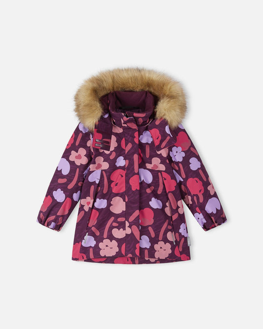 Front view of the Reima Muurame girls' winter jacket in a deep purple and pink abstract floral print, featuring a faux fur trimmed hood, side pockets, and a protective front wind flap.