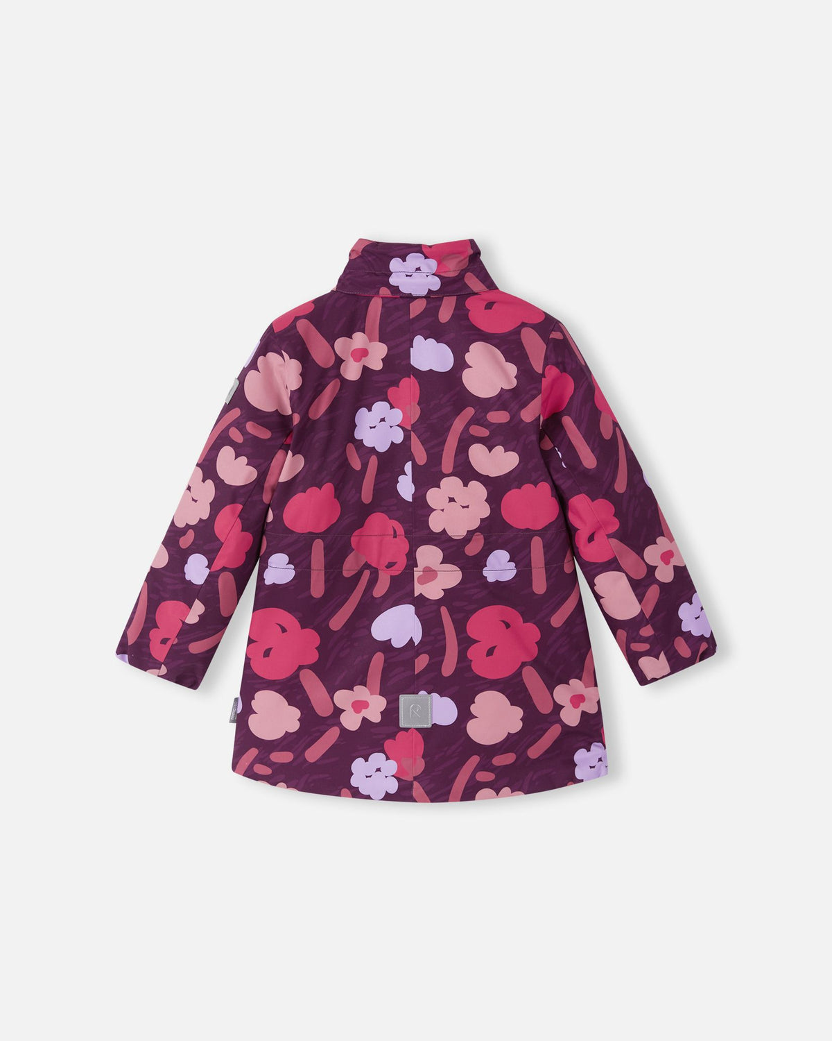 Back view of the deep purple Reima Muurame girls' winter jacket with the snap-off hood removed, highlighting the high stand collar that protects the neck from cold winds.