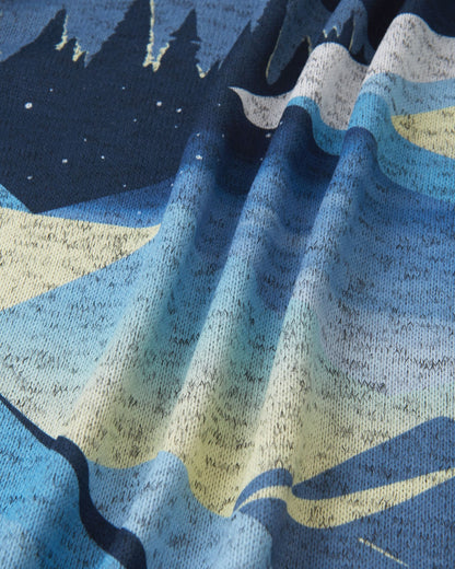 Macro close-up texture view of the blue ocean Reima Niksini kids' fleece knit fabric, showing the breathable, high-performance thermal material used for active winter play.