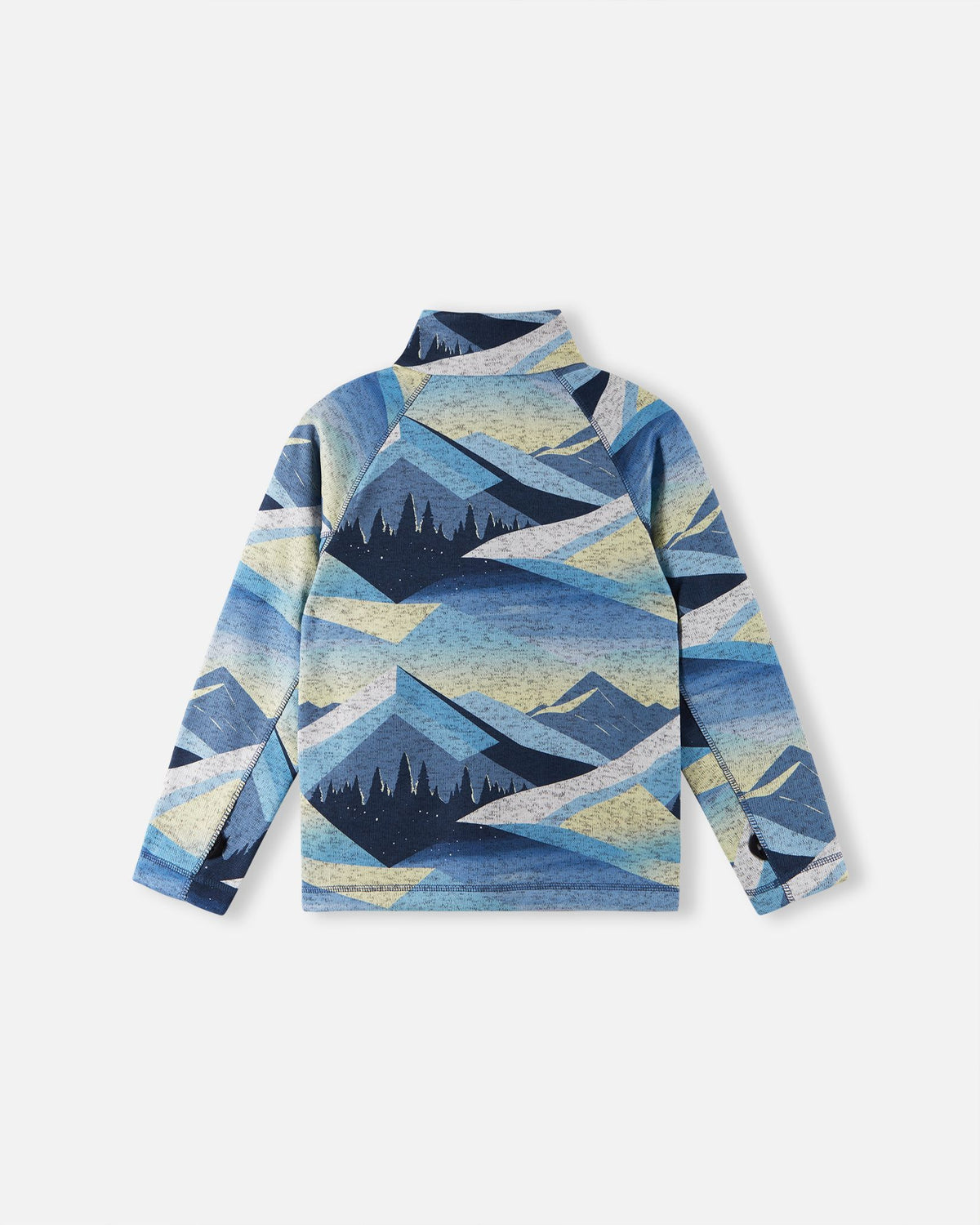 Back view of the blue ocean Reima Niksini kids' fleece mid-layer jacket, highlighting the durable raglan construction and vibrant alpine graphics designed for cold-weather layering.