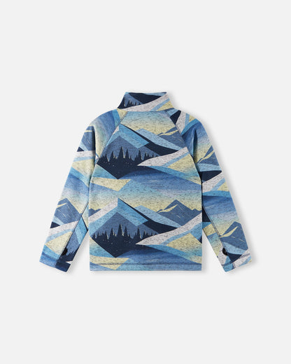 Back view of the blue ocean Reima Niksini kids' fleece mid-layer jacket, highlighting the durable raglan construction and vibrant alpine graphics designed for cold-weather layering.