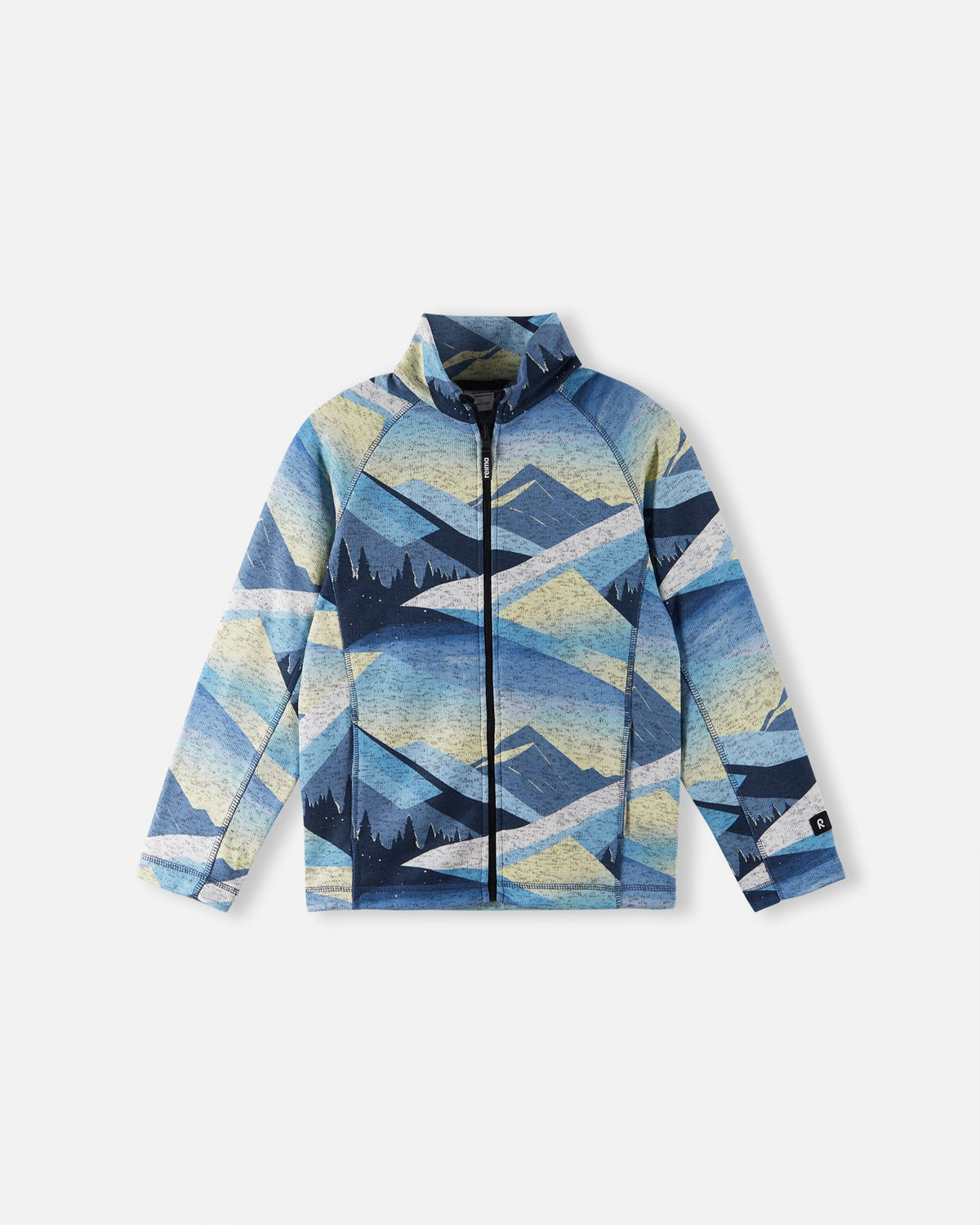 Front view of the Reima Niksini kids' fleece mid-layer jacket in blue ocean, showcasing a scenic mountain pattern in blue and yellow tones, a full-length front zip, and a cozy high collar.