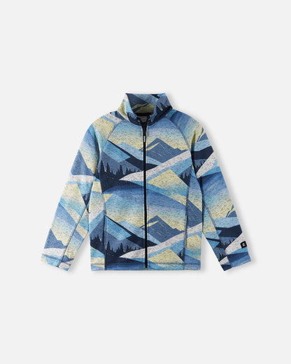 Front view of the Reima Niksini kids' fleece mid-layer jacket in blue ocean, showcasing a scenic mountain pattern in blue and yellow tones, a full-length front zip, and a cozy high collar.