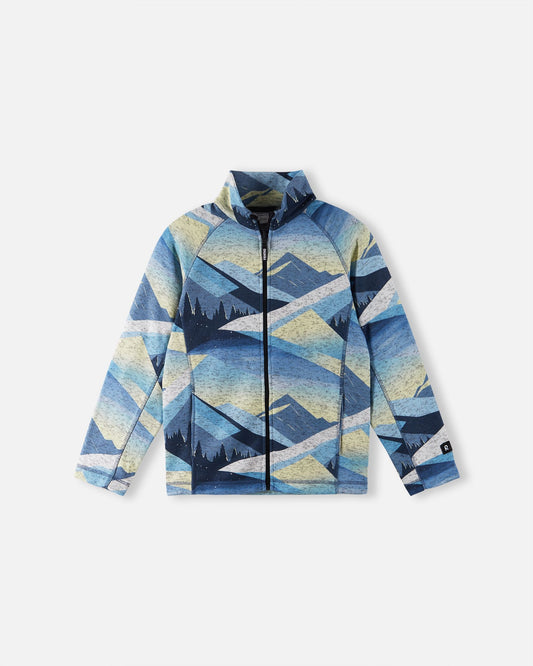 Front view of the Reima Niksini kids' fleece mid-layer jacket in blue ocean, showcasing a scenic mountain pattern in blue and yellow tones, a full-length front zip, and a cozy high collar.
