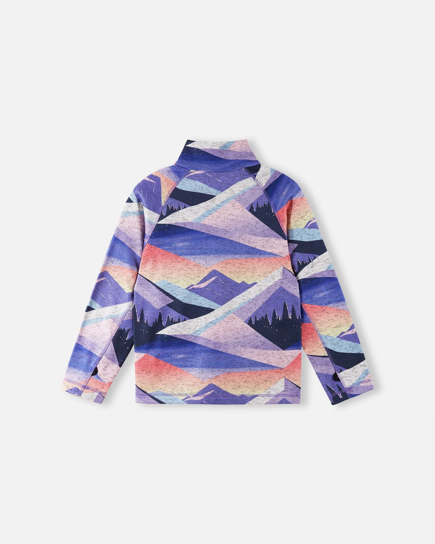 Back view of the Reima Niksini kids' breezy violet fleece mid-layer jacket, showcasing the vibrant alpine landscape pattern and comfortable active raglan sleeve construction.